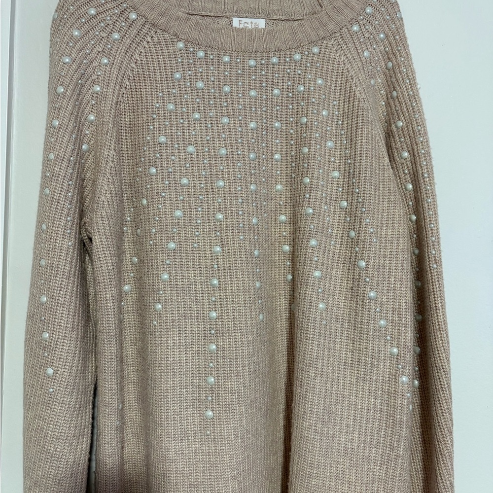 Fate Pearl Embellished Knit Sweater | Blush Beige | Size L